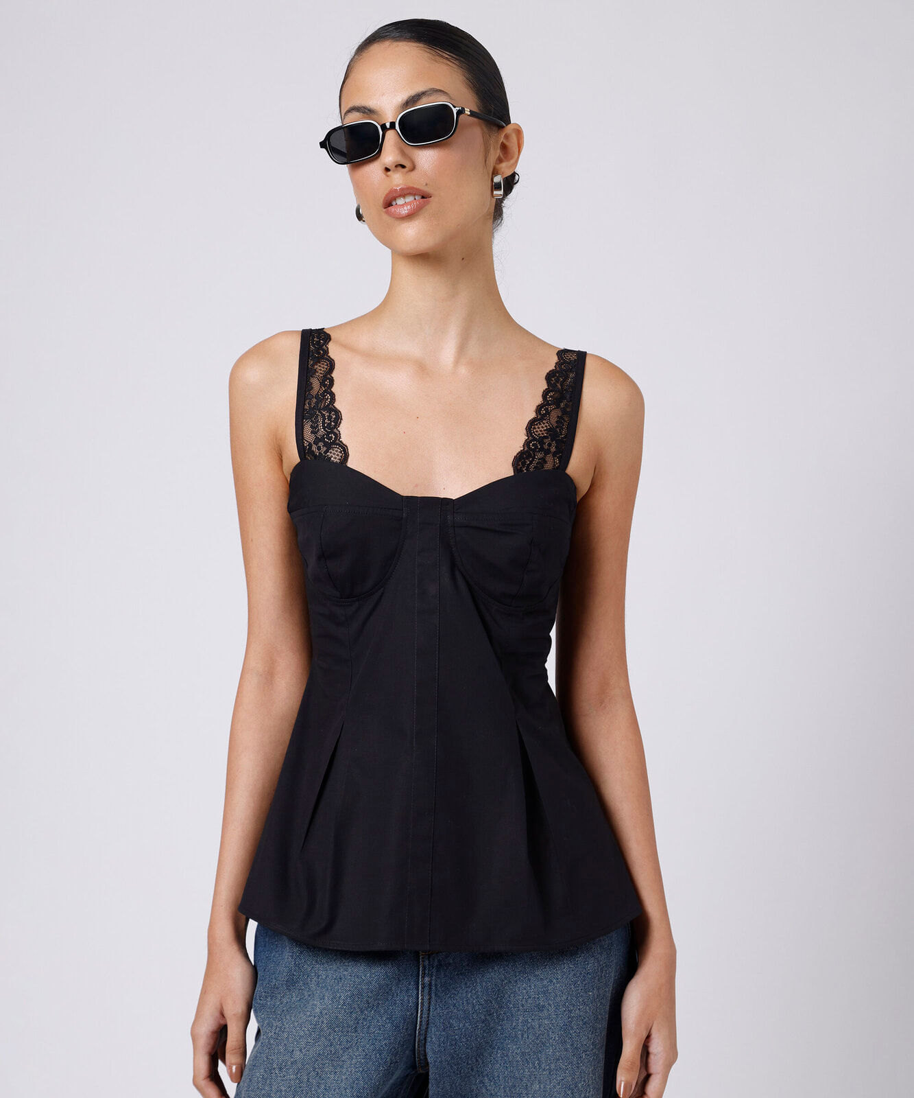 blusa peplum feminina de algodão com renda mindset preta