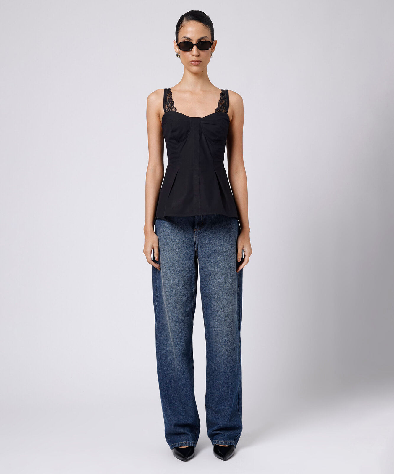 blusa peplum feminina de algodão com renda mindset preta