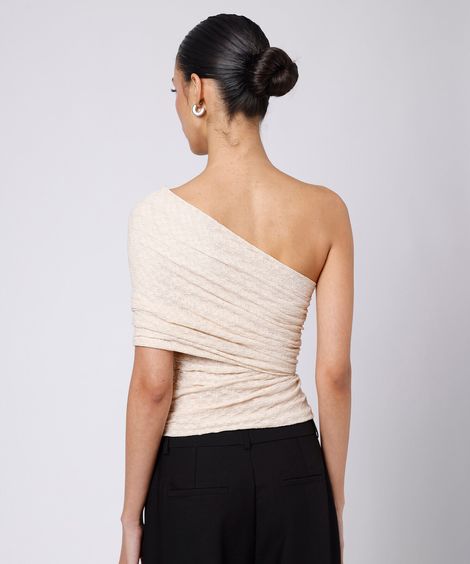 blusa ombro único feminina de renda franzida floral mindset off white