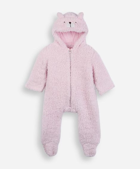 macacão infantil de pelúcia com capuz e orelhas rosa