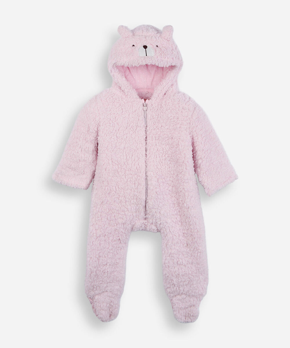 macacão infantil de pelúcia com capuz e orelhas rosa