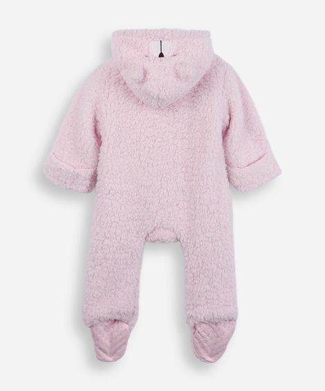 macacão infantil de pelúcia com capuz e orelhas rosa