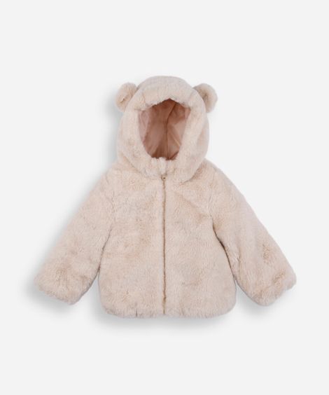 jaqueta infantil de pelúcia com capuz e orelhas bege