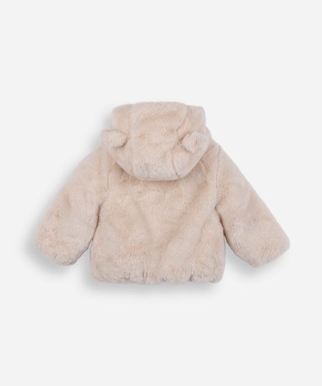 jaqueta infantil de pelúcia com capuz e orelhas bege