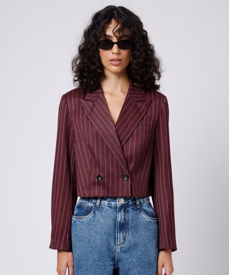 blazer de alfaiataria cropped feminino risca de giz mindset vinho