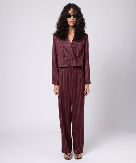 calça reta de alfaiataria feminina risca de giz mindset vinho