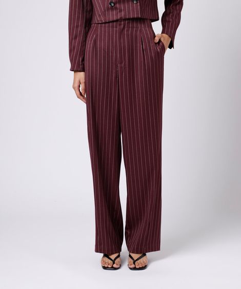 calça reta de alfaiataria feminina risca de giz mindset vinho