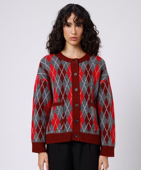 cardigan feminino de tricot xadrez argyle mindset colorido