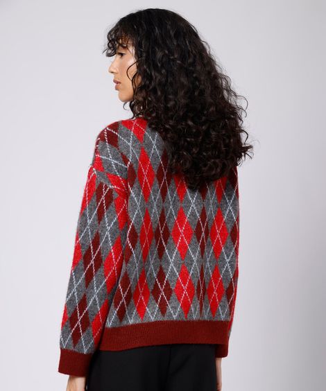 cardigan feminino de tricot xadrez argyle mindset colorido