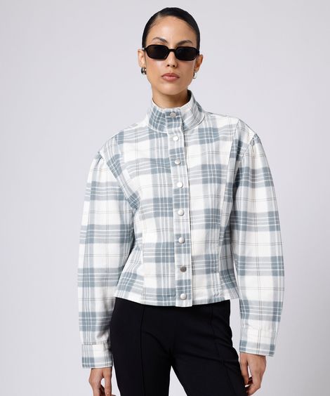 jaqueta feminina sarja gola funnel neck xadrez mindset bege