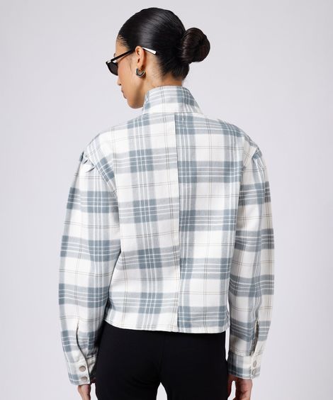 jaqueta feminina sarja gola funnel neck xadrez mindset bege