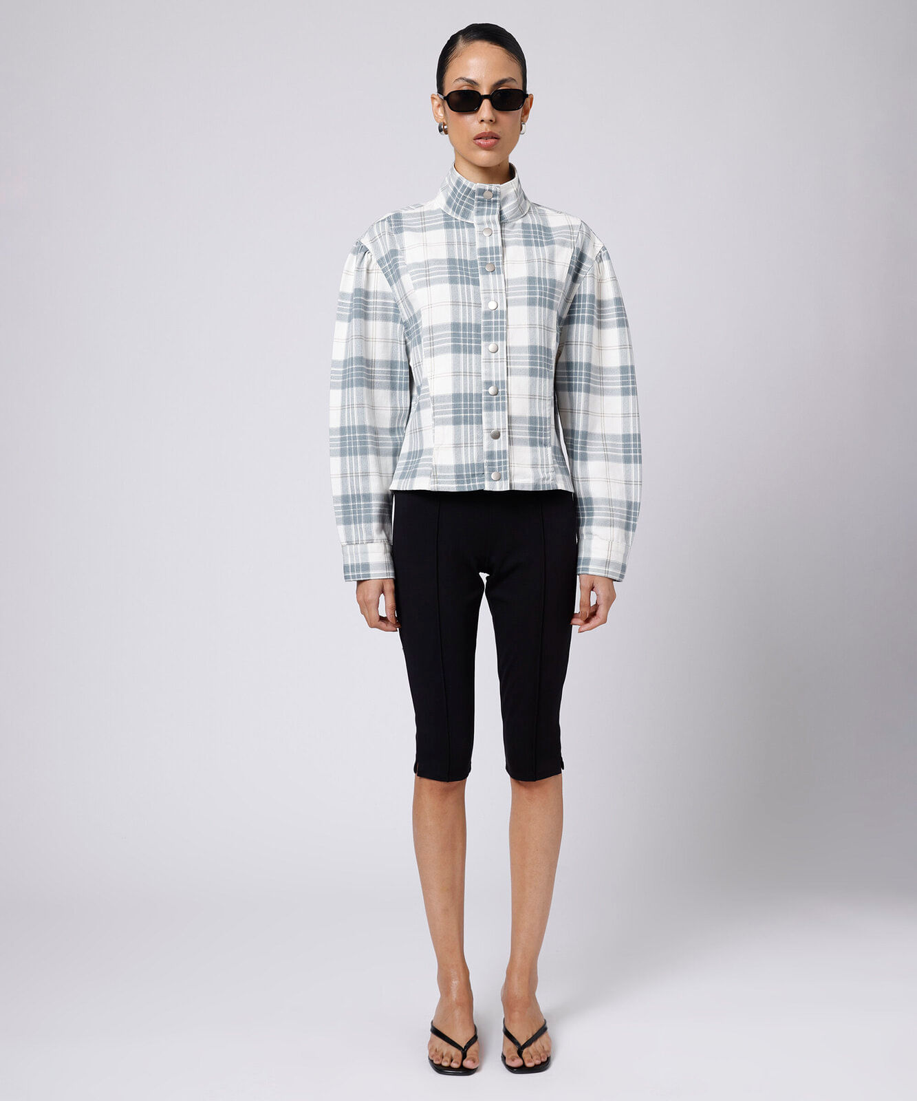 jaqueta feminina sarja gola funnel neck xadrez mindset bege