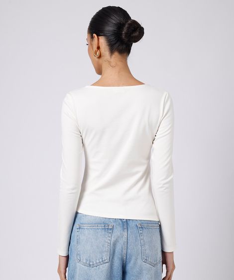 blusa feminina com viscose e fenda franzida mindset off white