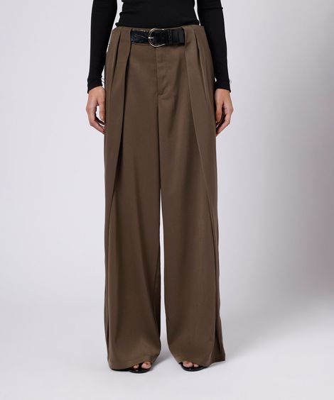 calça wide leg de alfaiataria feminina com cinto mindset verde