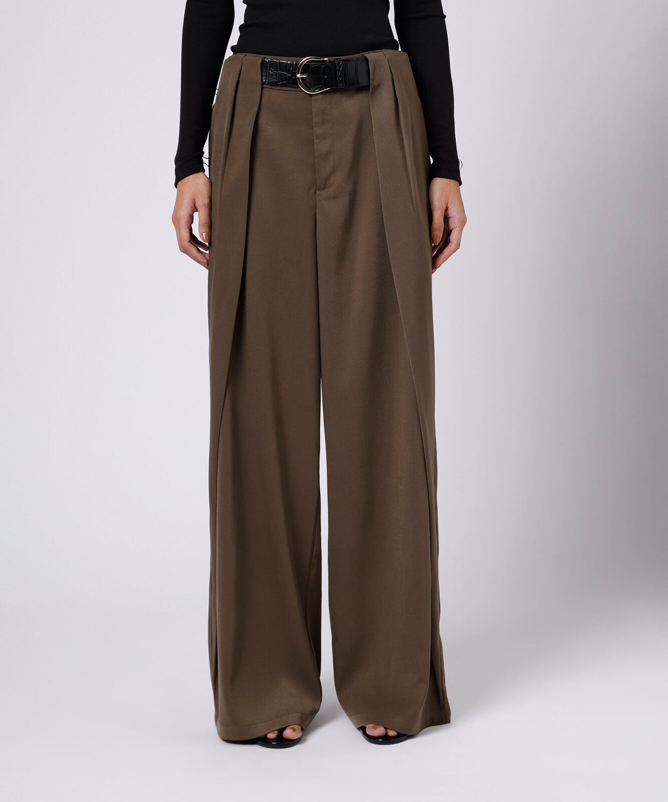 calça wide leg de alfaiataria feminina com cinto mindset verde