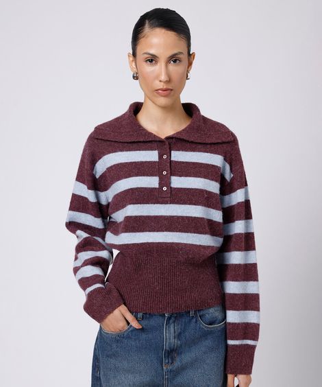 suéter feminino de tricot com gola listrado mindset azul