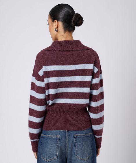 suéter feminino de tricot com gola listrado mindset azul