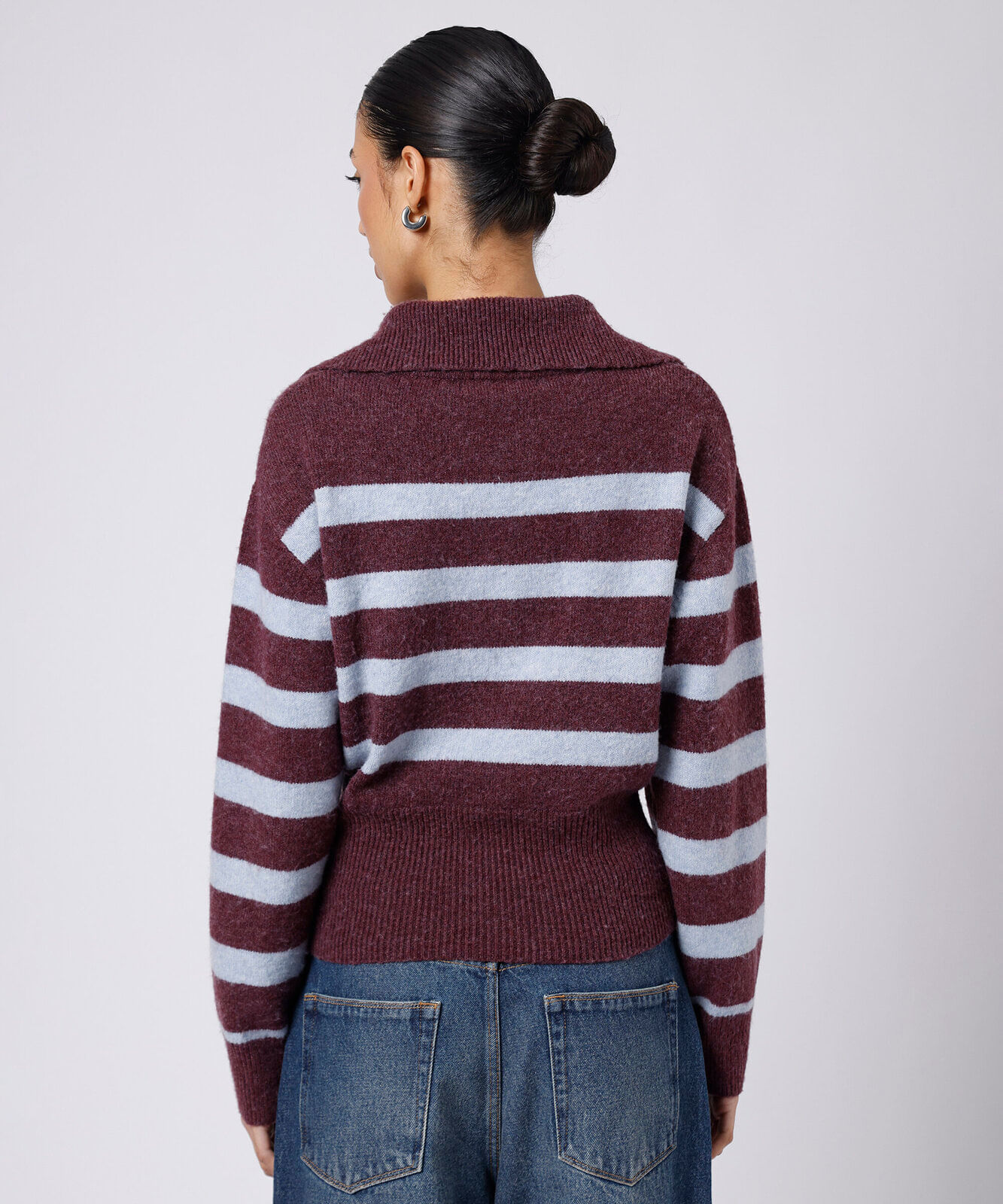 suéter feminino de tricot com gola listrado mindset azul