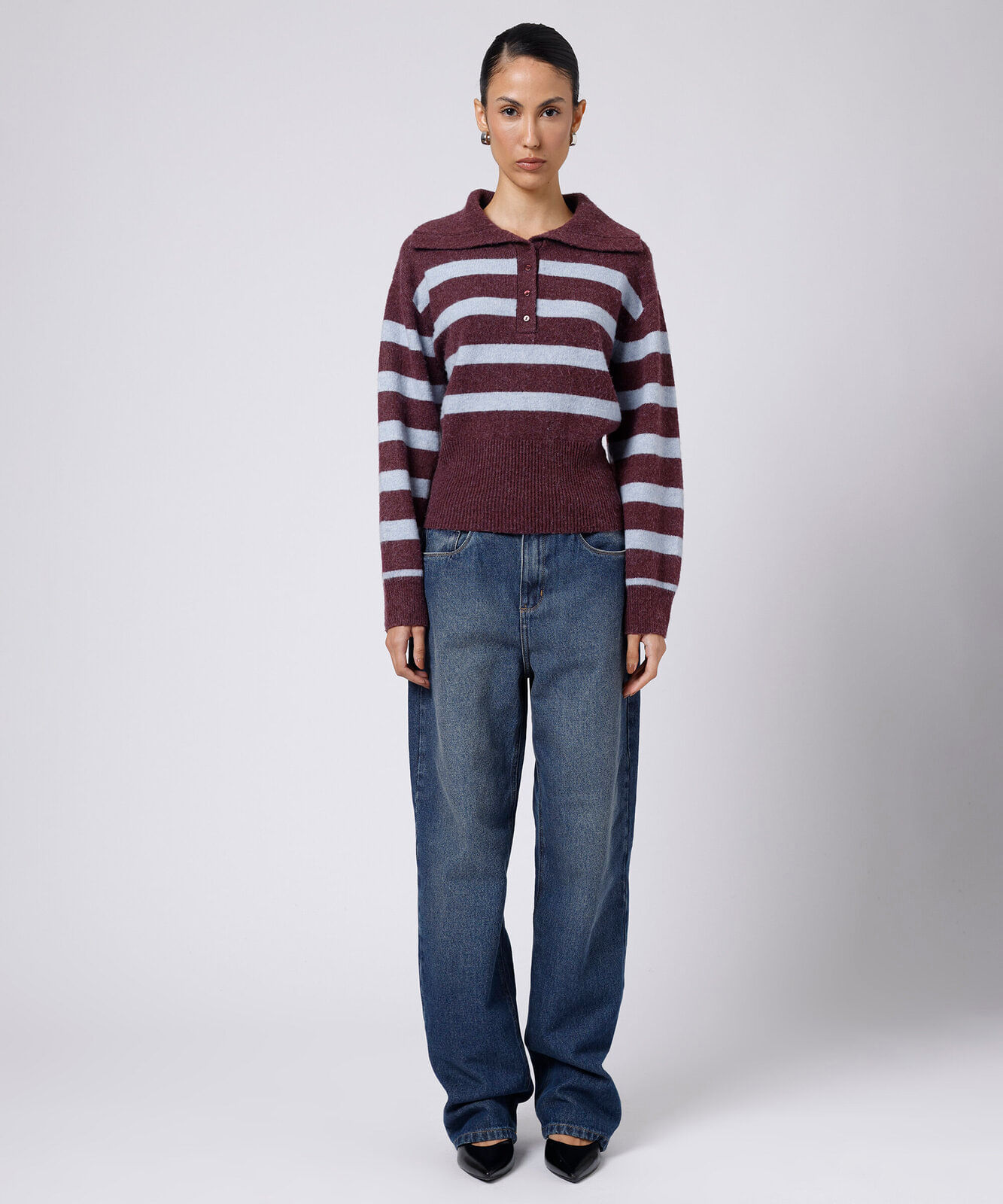 suéter feminino de tricot com gola listrado mindset azul