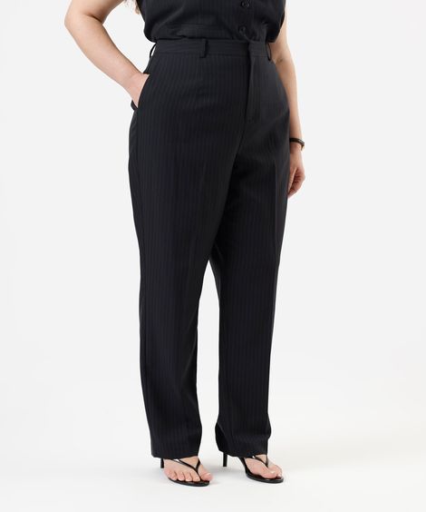 calça reta de alfaiataria feminina risca de giz plus size azul