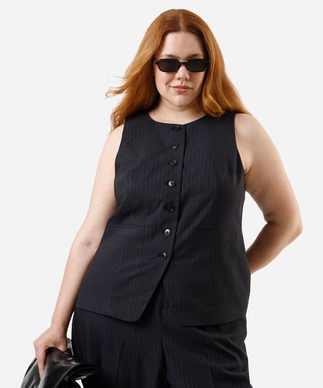 colete de alfaiataria feminino risca de giz plus size azul