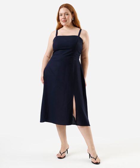 vestido midi com linho e fenda plus size azul