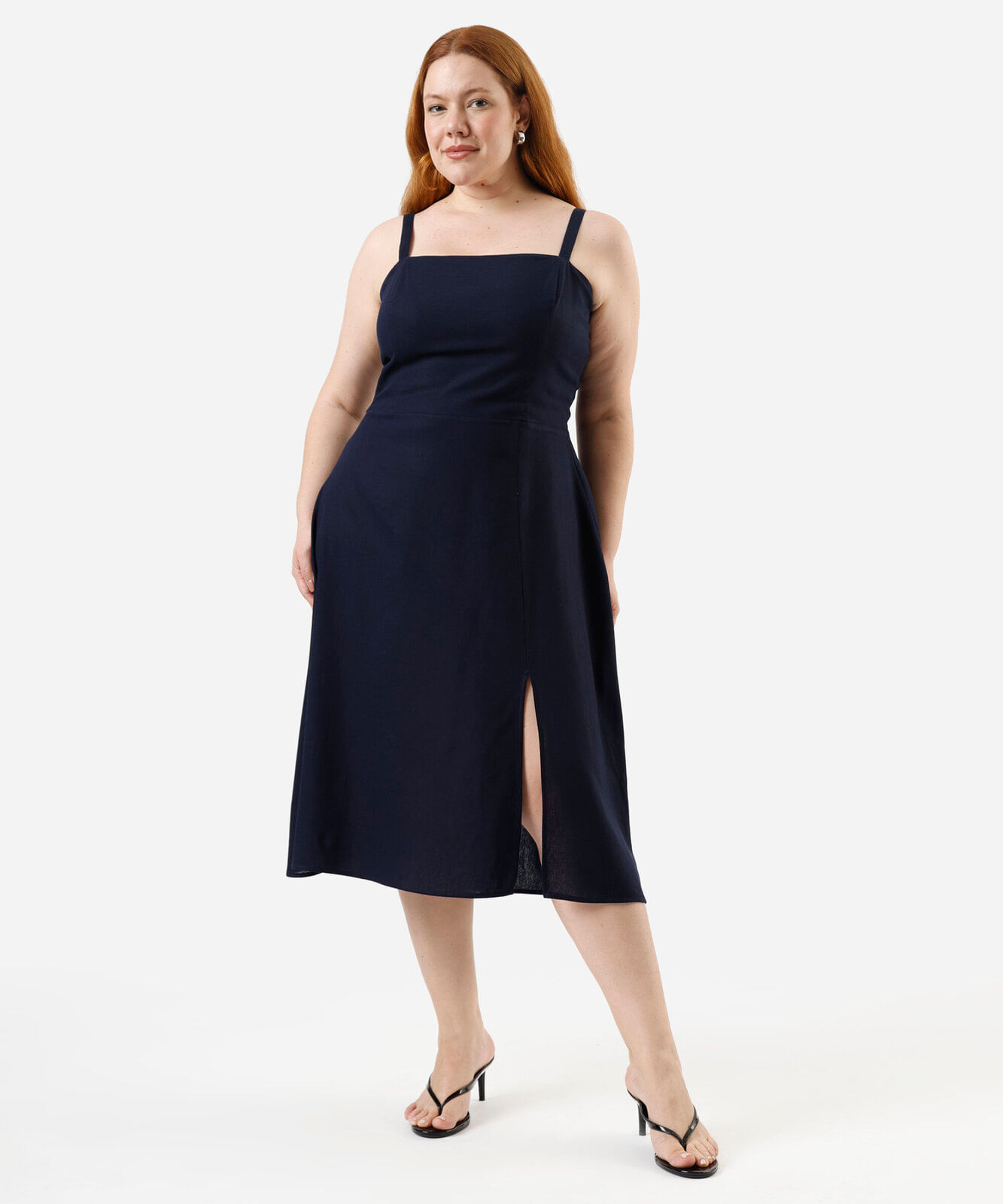 vestido midi com linho e fenda plus size azul