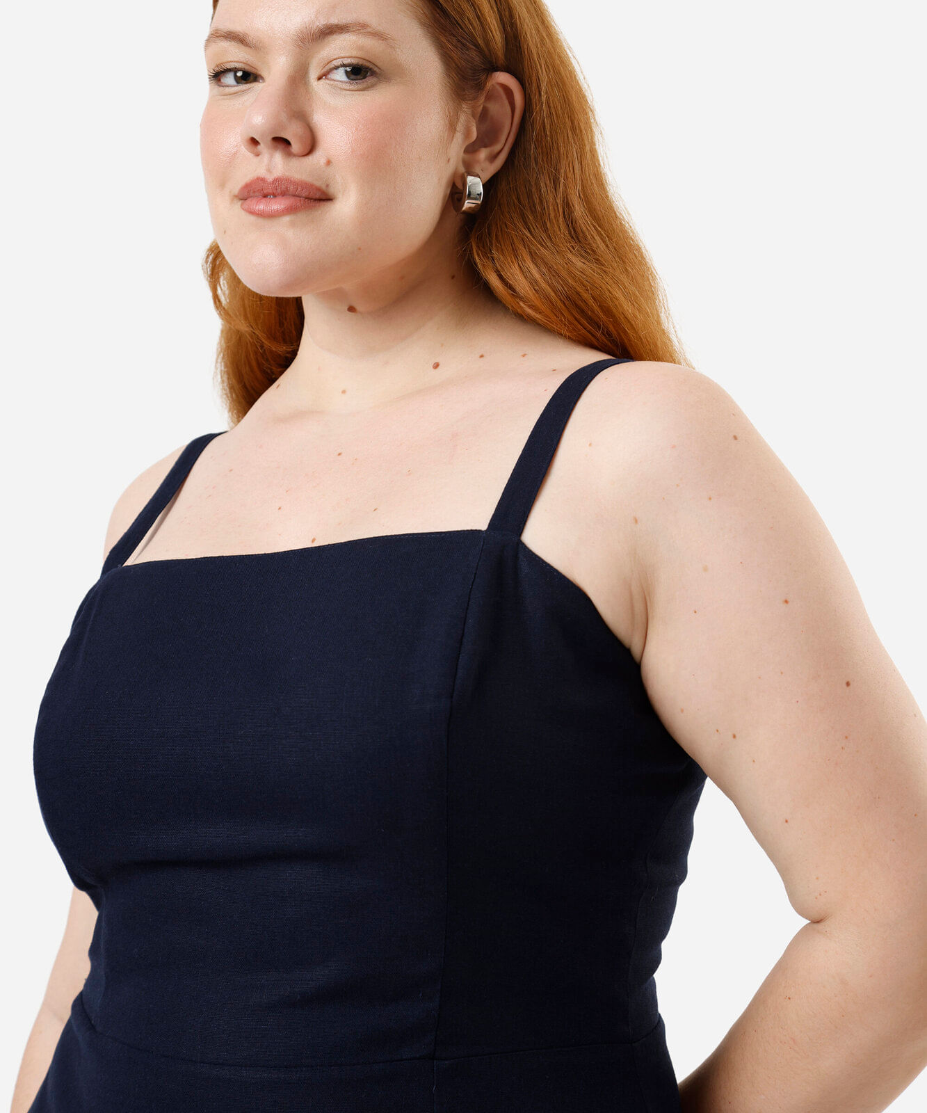 vestido midi com linho e fenda plus size azul