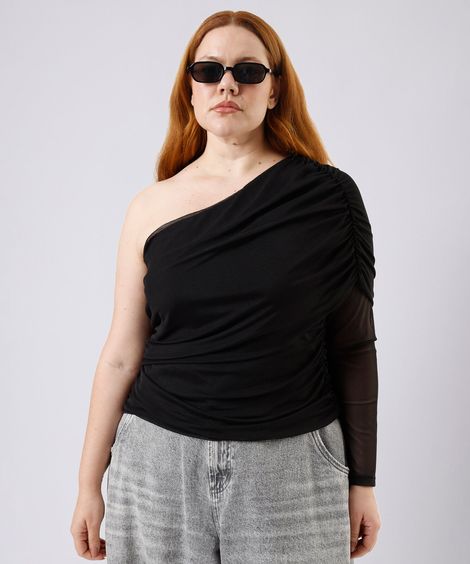 blusa ombro único feminina de tule franzida mindset plus size preta
