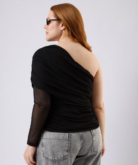 blusa ombro único feminina de tule franzida mindset plus size preta