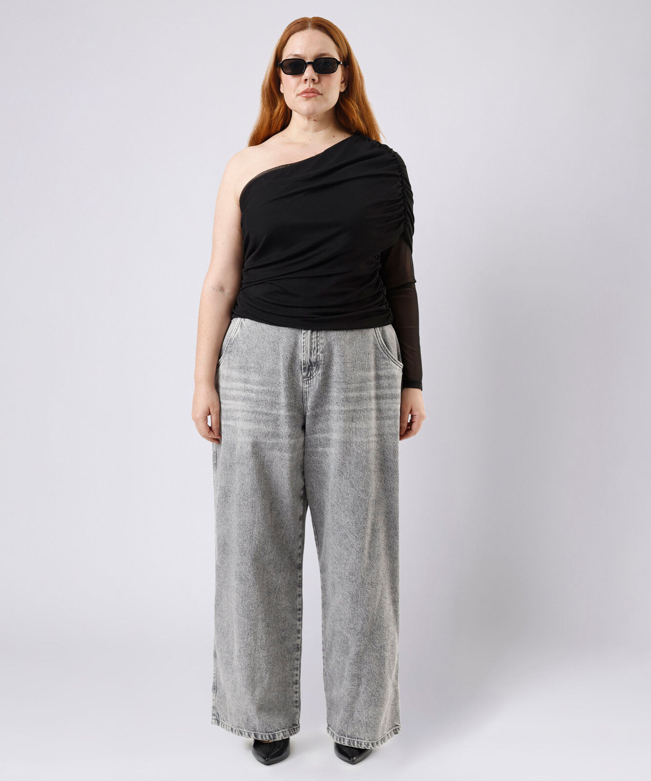 blusa ombro único feminina de tule franzida mindset plus size preta