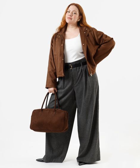 calça wide leg de alfaiataria feminina com cinto texturizada plus size cinza