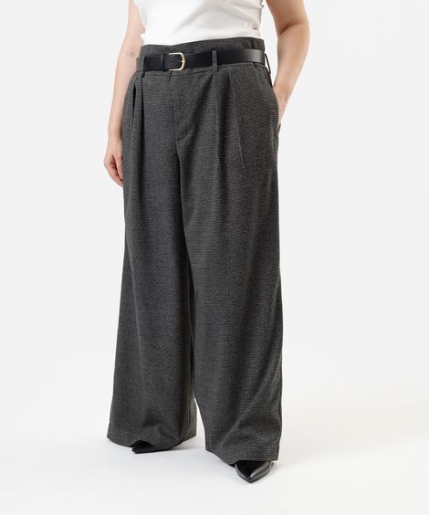 calça wide leg de alfaiataria feminina com cinto texturizada plus size cinza