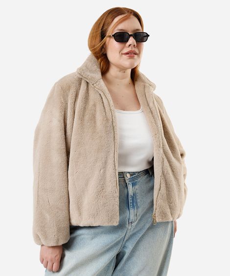 jaqueta feminina de pelúcia plus size bege