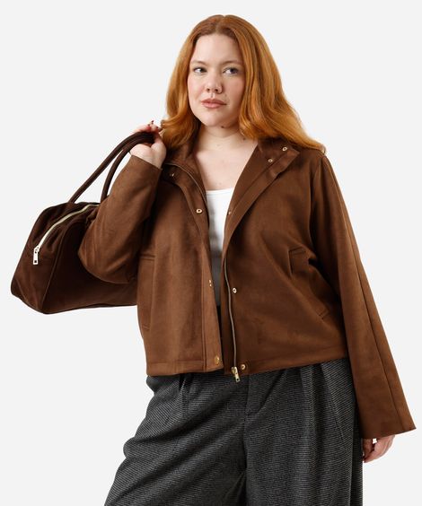 jaqueta feminina de suede gola alta plus size marrom