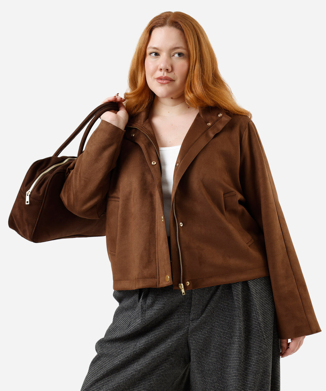 jaqueta feminina de suede gola alta plus size marrom