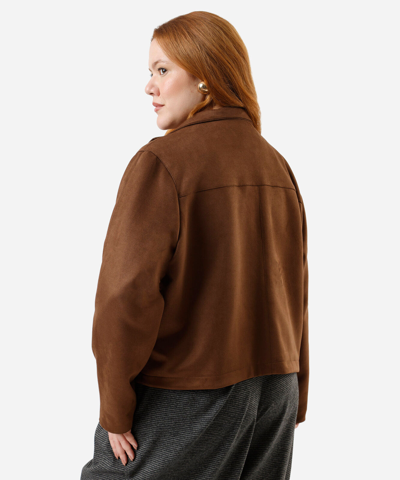 jaqueta feminina de suede gola alta plus size marrom