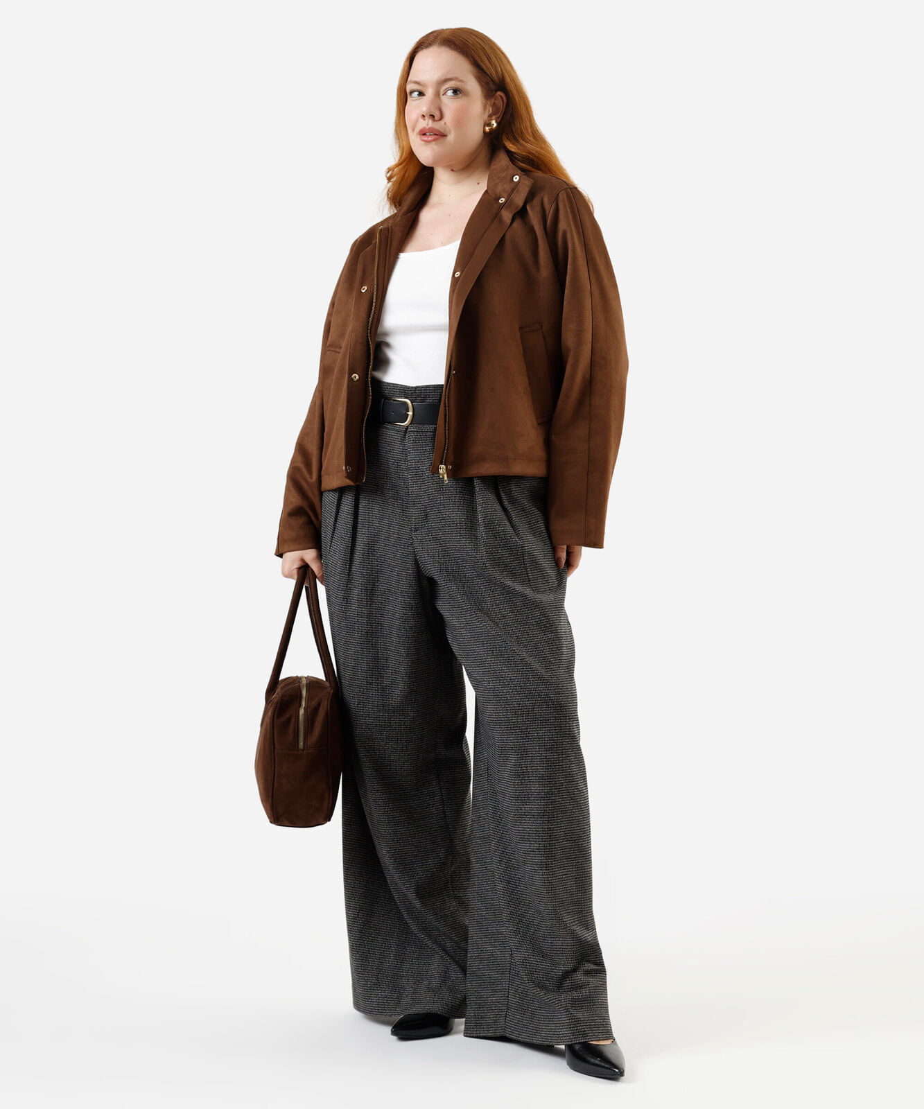 jaqueta feminina de suede gola alta plus size marrom