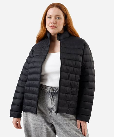 jaqueta puffer feminina gola alta plus size  preta