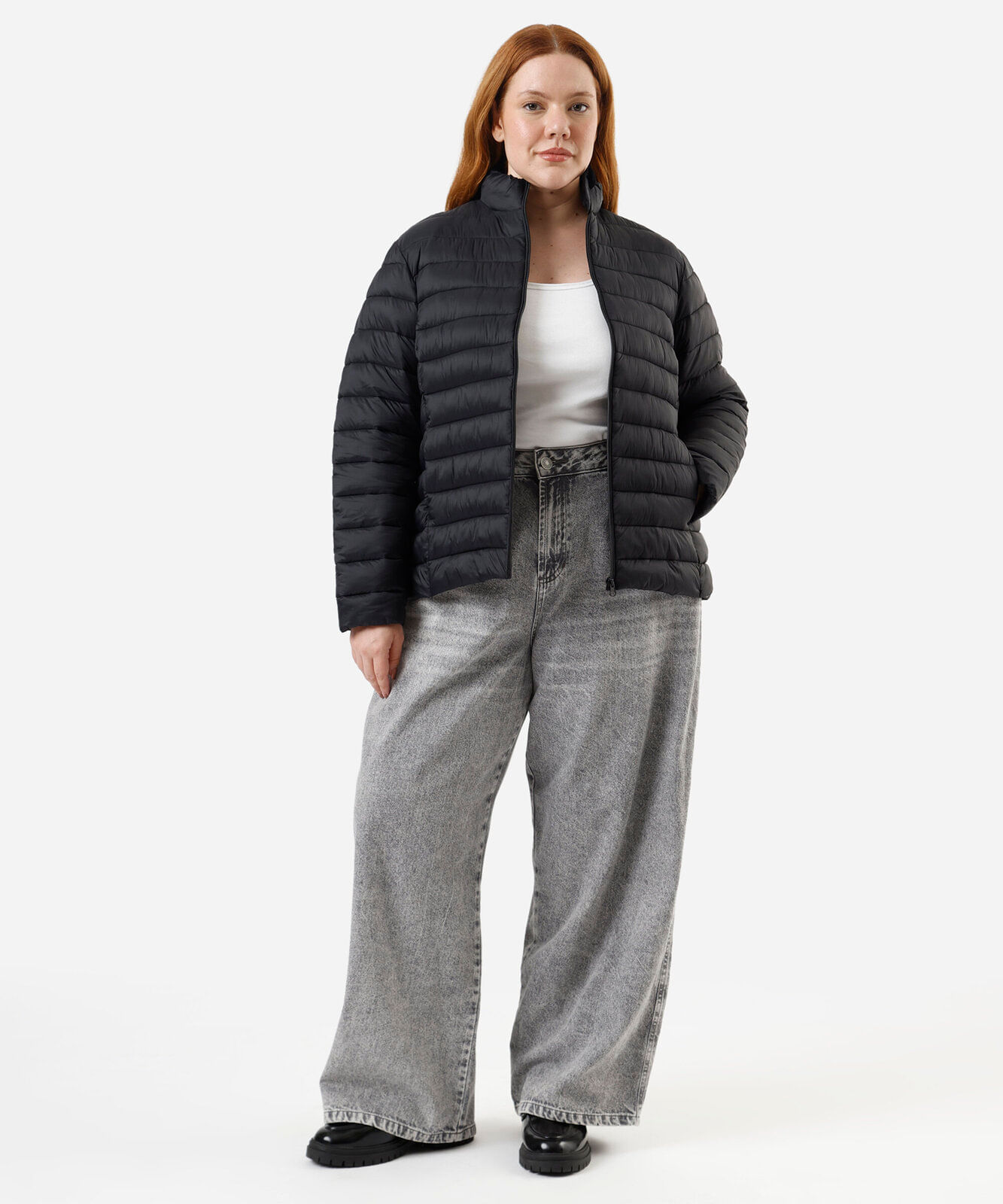 jaqueta puffer feminina gola alta plus size  preta