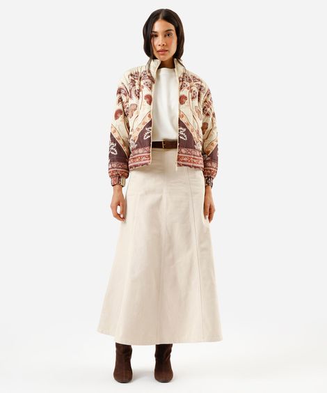 saia midi evasê feminina de sarja com recortes bege