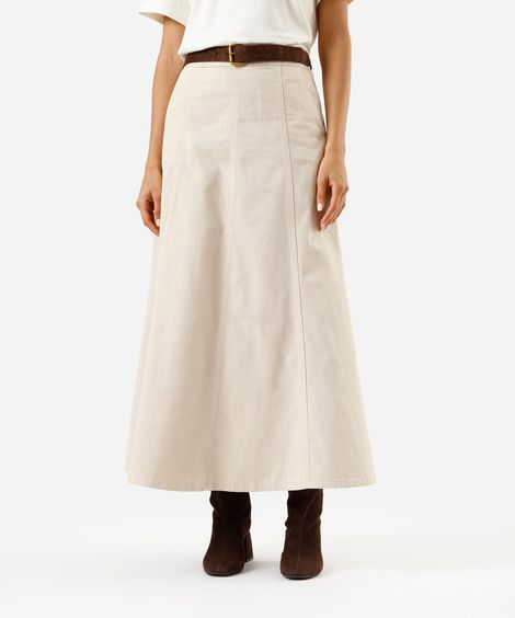 saia midi evasê feminina de sarja com recortes bege