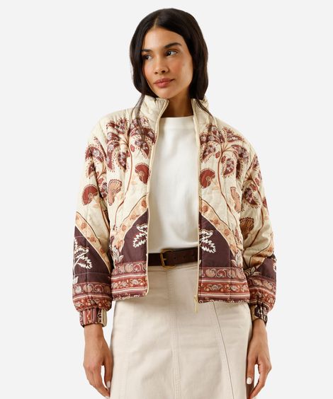 jaqueta puffer feminina gola alta folhagens bege