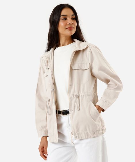 jaqueta parka de sarja com bolsos - areia