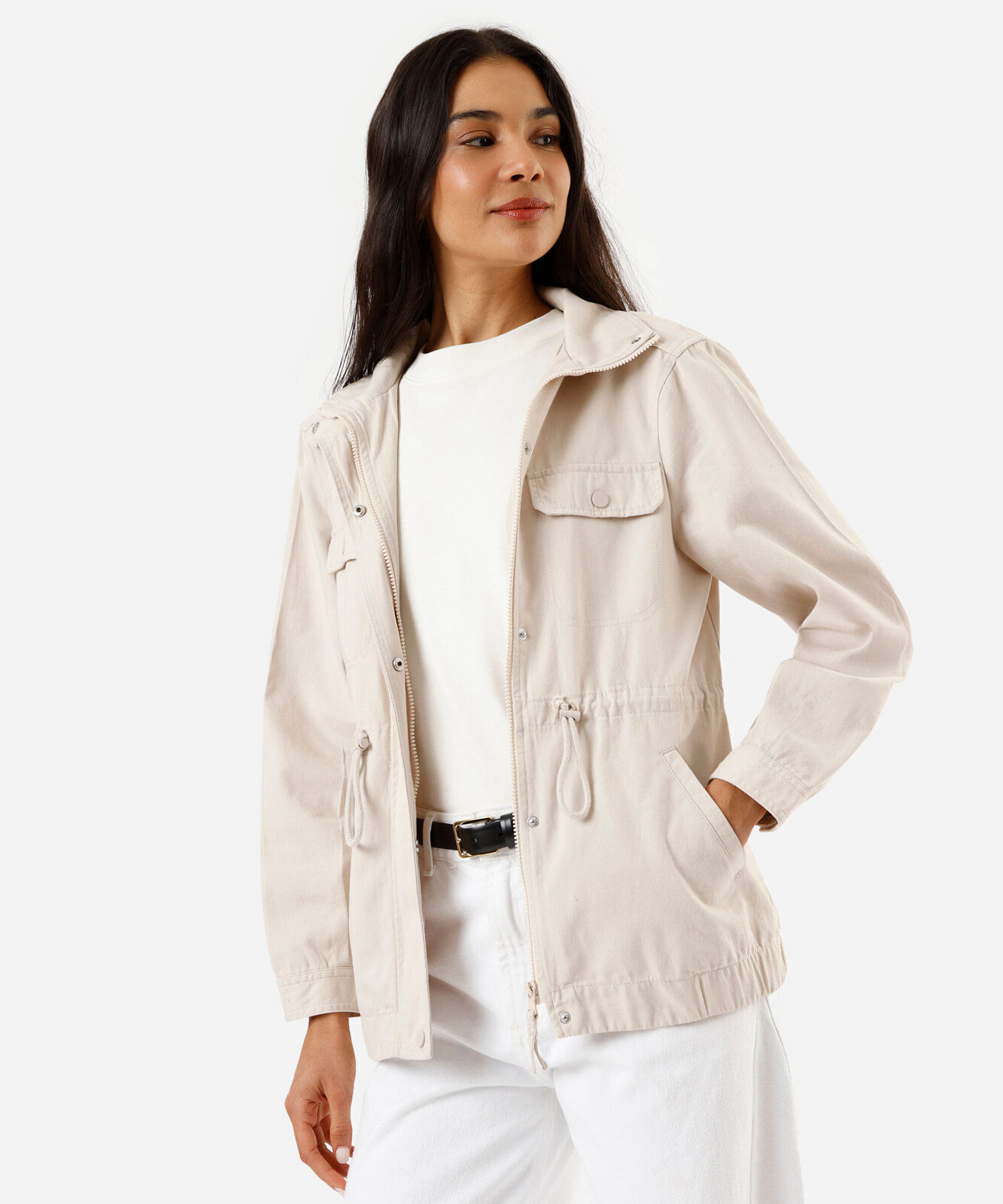 jaqueta parka de sarja com bolsos - areia
