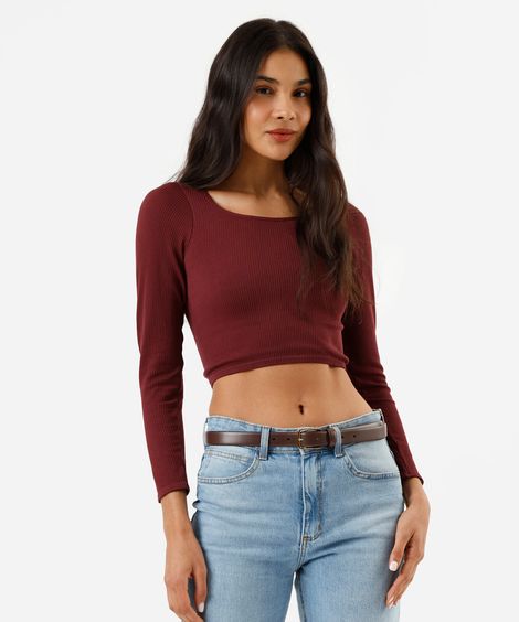 blusa de poliamida canelada cropped manga longa vinho