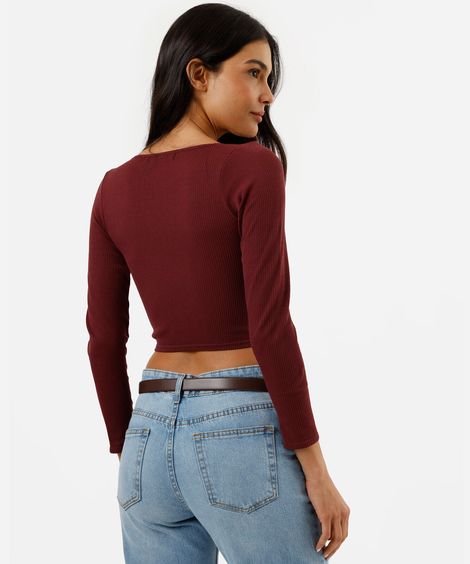 blusa de poliamida canelada cropped manga longa vinho