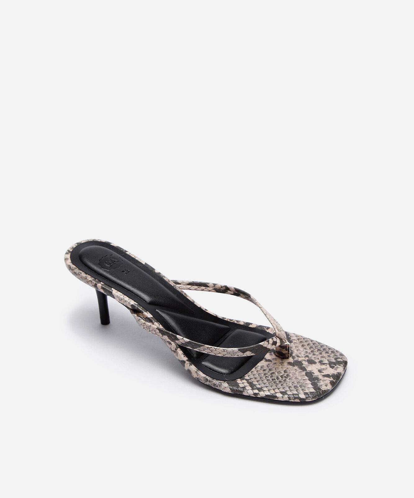 tamanco bico quadrado salto fino animal print cinza