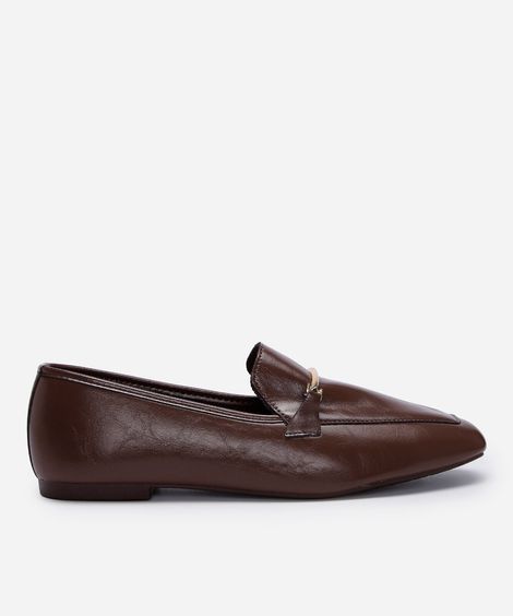 sapato loafer bico quadrado com fivela  marrom