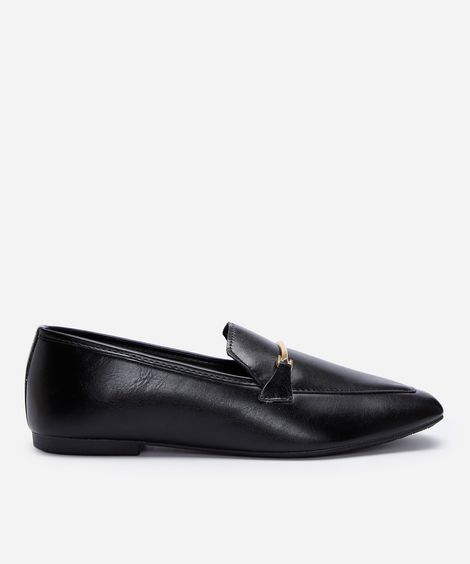 sapato loafer bico quadrado com fivela  preto